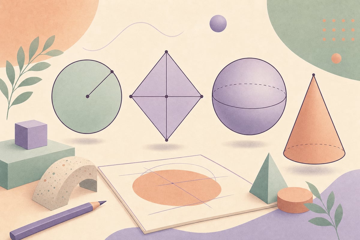 Figure geometriche pastello (cerchio, rombo, sfera e cono) disposte come un piccolo banco di lavoro di geometria